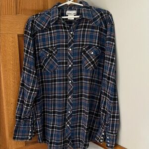 Wrangler Rancher Cotton Flannel Men's Navy and Orange Plaid Snap Down Shirt